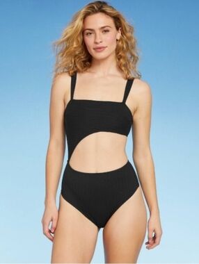 Shade & Shore Ribbed Cutout One Piece Swimsuit Black L